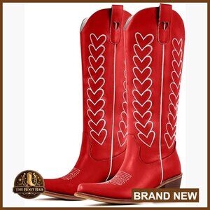Knee High Cowboy Boots with Hearts, Chunky Heel, Distressed Western Style